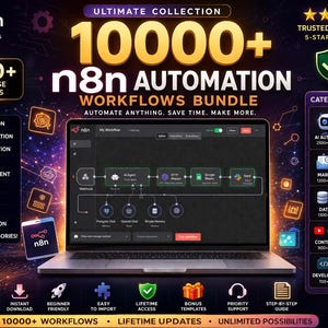 May include: Promotional image for n8n Automation Workflows Bundle. The image features a laptop displaying a workflow diagram, with the text "10000+" and "n8n Automation" prominently displayed. Categories include AI, social media, e-commerce, and more. The bundle is top-rated.