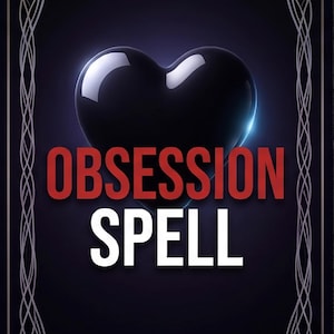 May include: A dark purple graphic design featuring a glossy black heart at the centre. The text OBSESSION is printed in bold red capital letters, and the word SPELL is printed in white capital letters below it. A thin, intricate silver border frames the image.