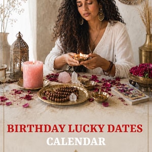 Puede incluir: Un informe de carta natal Birthday Lucky Dates Calendar con texto en rojo y blanco. La imagen muestra a una persona sosteniendo una pequeña vela encendida, rodeada por una vela rosa, cristales, cuentas de oración y pétalos de flores.