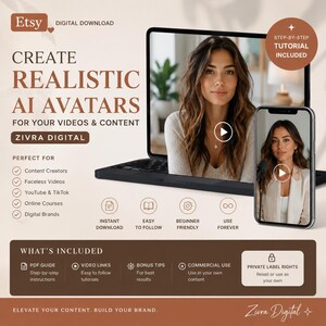 Op de afbeelding: Afbeelding voor digitale download van Etsy die AI-avatars voor video's en content promoot. De afbeelding toont een laptop en smartphone met een vrouw, met tekst als "Create Realistic AI Avatars" en "Step-by-Step Tutorial Included."
