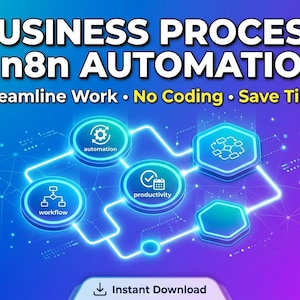 May include: A digital graphic promoting business process automation. The image features the text "BUSINESS PROCESS + n8n AUTOMATION" with the tagline "Streamline Work • No Coding • Save Time." Icons represent automation, workflow, and productivity, with a button that says "Instant Download."
