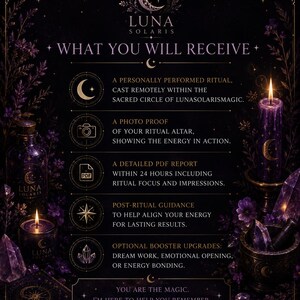 Op de afbeelding: Een donkerpaarse informatieve afbeelding met de titel LUNA SOLARIS WHAT YOU WILL RECEIVE. Het bevat diensten zoals een ritueel, fotobewijs, een PDF-rapport, begeleiding na het ritueel en upgrades, omringd door kaarsen, kristallen en bloemen.