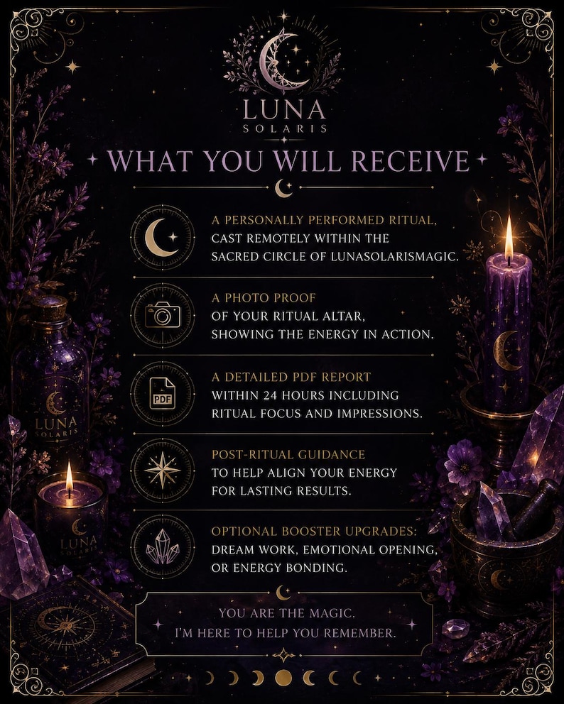 Op de afbeelding: Een donkerpaarse informatieve afbeelding met de titel LUNA SOLARIS WHAT YOU WILL RECEIVE. Het bevat diensten zoals een ritueel, fotobewijs, een PDF-rapport, begeleiding na het ritueel en upgrades, omringd door kaarsen, kristallen en bloemen.