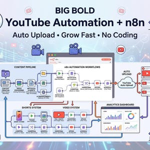 Op de afbeelding: Een digitale afbeelding die YouTube-automatisering promoot met de tekst "BIG BOLD YouTube Automation + n8n". De afbeelding bevat workflowdiagrammen voor content pipelines, shorts en videosystemen, samen met een analytics dashboard en YouTube auto-upload functies.