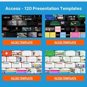 May include: A blue graphic with the text "Access - 120 Presentation Templates." The image displays four sets of presentation templates with orange "ACCES TEMPLATE" buttons. Each template set features multiple slides with various designs and layouts.