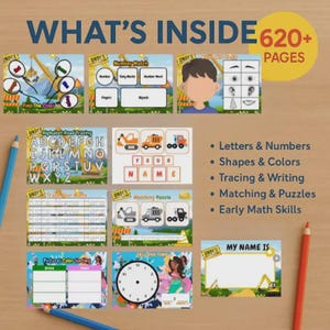 May include: A colorful educational activity book with the text "WHAT'S INSIDE" and "620+ PAGES". The book includes pages for tracing letters, matching, and early math skills. A blue and red pencil are on the sides.