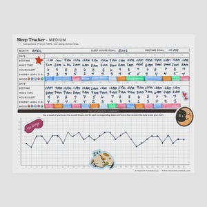May include: A medium-sized sleep tracker for April, with a detailed chart to monitor sleep patterns. Includes sections for bedtime, wake time, hours slept, and energy levels, with a graph for monthly summary.