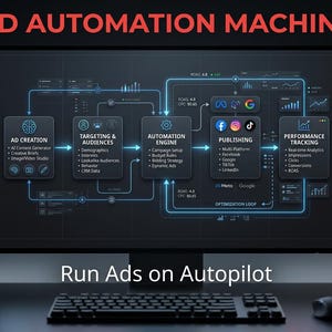 May include: A computer monitor displays a diagram of an ad automation process. The screen shows the text "AD AUTOMATION MACHINE" in red, with sections for ad creation, targeting, publishing, and performance tracking. The text "Run Ads on Autopilot" is at the bottom.