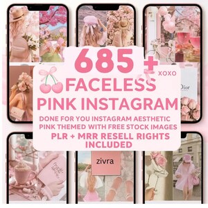 May include: Aesthetic pink Instagram theme product with the text "685+ FACELESS PINK INSTAGRAM" and "DONE FOR YOU INSTAGRAM AESTHETIC PINK THEMED WITH FREE STOCK IMAGES PLR + MRR RESELL RIGHTS INCLUDED". The image includes various pink aesthetic photos.
