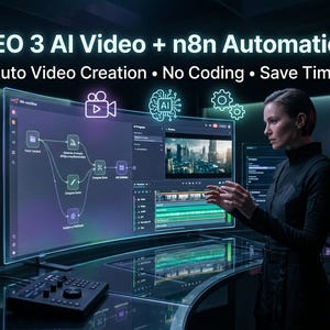 Può includere: Una donna è in piedi davanti a uno schermo di computer curvo che mostra un software di editing video. Lo schermo mostra un diagramma di flusso di lavoro e una timeline video. Il testo in alto recita "VEO 3 AI Video + n8n Automation." Il testo aggiuntivo include "Auto Video Creation • No Coding • Save Time."