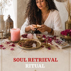 May include: A table setting featuring a pink pillar candle, a brass tray with wooden prayer beads, clear quartz crystals, and scattered rose petals. The text reads SOUL RETRIEVAL RITUAL, Release, Return, Restore, with a lotus flower graphic.
