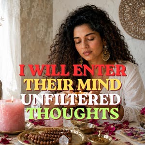 May include: A white blouse worn by a person with dark curly hair, surrounded by a pink candle, a metal lantern, a wooden bead strand, and scattered rose petals. The text I WILL ENTER THEIR MIND UNFILTERED THOUGHTS is overlaid in red, yellow, and white.