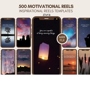 Könnte beinhalten: Werbebild für Motivations-Reel-Vorlagen für soziale Medien. Das Bild zeigt mehrere Smartphone-Bildschirme mit inspirierenden Zitaten und malerischen Hintergründen, darunter eine schwebende Laterne und Sonnenuntergangsansichten. Der Text enthält "500 Motivational Reels" und "You are capable of doing amazing things."