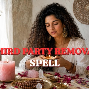 Puede incluir: Una persona con cabello oscuro, largo y rizado, vestida de blanco, sostiene una pequeña vela encendida. El texto THIRD PARTY REMOVAL SPELL aparece en rojo y blanco. La escena incluye una vela rosa, cristales, cuentas de madera y pétalos rojos.
