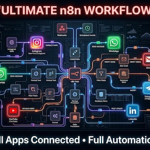 Puede incluir: Un gráfico digital que ilustra un diagrama de flujo de trabajo con iconos de aplicaciones interconectadas, incluyendo Instagram, WhatsApp, Gmail y YouTube. El texto dice "ULTIMATE n8n WORKFLOW" y "All Apps Connected • Full Automation."