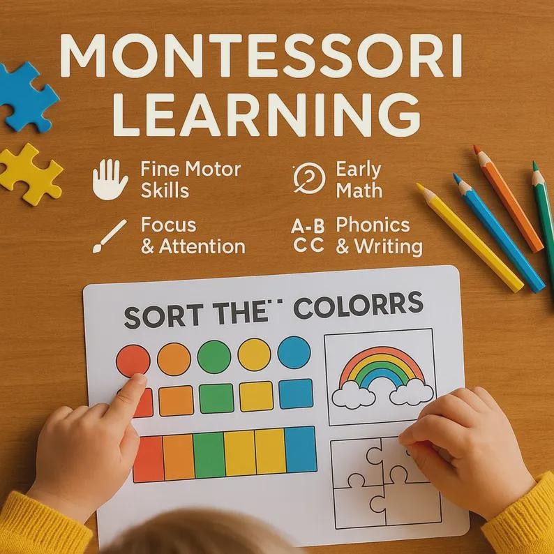 May include: A Montessori learning activity set with the text "MONTESSORI LEARNING". The set includes a color sorting game with the text "SORT THE COLORRS", a rainbow, and puzzle pieces. Colored pencils are also visible.