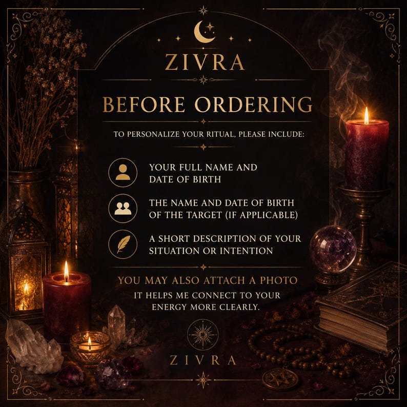 Op de afbeelding: Een donkere informatieve afbeelding getiteld ZIVRA BEFORE ORDERING met gouden tekst op een zwarte achtergrond. Het vermeldt vereisten voor een ritueel: volledige naam, geboortedatum, doelgegevens en intentie. Bevat iconen, kaarsen en kristallen.