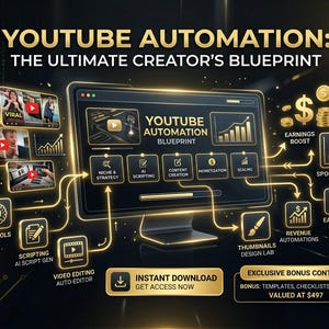 May include: A digital graphic promoting "YouTube Automation: The Ultimate Creator's Blueprint." The image features a computer screen with icons for AI tools, scripting, content creation, and monetization. Gold accents and text highlight key features and bonus content.