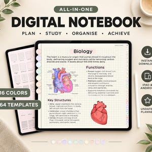 May include: An all-in-one digital notebook displayed on a tablet screen, featuring a biology study page with a diagram of a human heart, text about heart functions, and key structures. The interface includes side tabs, 16 colors, and 64 templates.