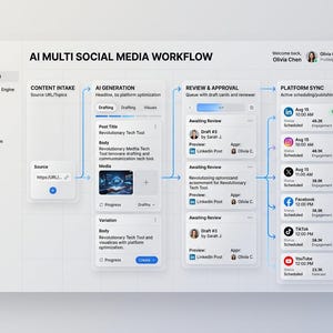 May include: A digital workflow diagram titled "AI Multi Social Media Workflow" with sections for content intake, AI generation, review, and platform sync. The interface is white with blue accents and includes social media platform icons.
