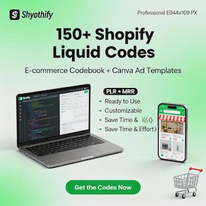 Más de 150 temas de Shopify Liquid Codes / Libro de códigos de comercio electrónico + Plantillas de anuncios de Canva