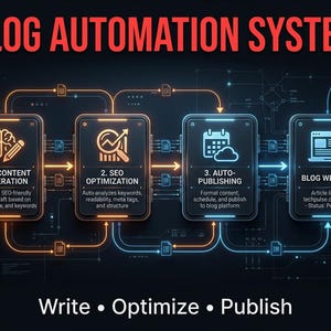 May include: An infographic illustrating a blog automation system. The image shows a workflow with four steps: AI content generation, SEO optimization, auto-publishing, and blog website. Text includes "Write, Optimize, Publish."