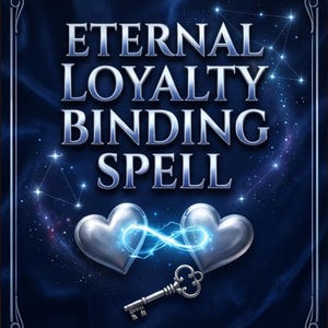 Puede incluir: Un gráfico azul oscuro con el texto ETERNAL LOYALTY BINDING SPELL en letras plateadas. Debajo del texto hay dos corazones plateados conectados por un símbolo de infinito azul brillante, con una llave antigua plateada debajo de ellos.