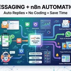 Könnte beinhalten: Eine Grafik, die Messaging- und Automatisierungsprozesse veranschaulicht. Das Bild zeigt den Text "MESSAGING + n8n AUTOMATION" und "Auto Replies • No Coding • Save Time." Symbole stehen für E-Mail, Chat und WhatsApp, mit Pfeilen, die den Datenfluss anzeigen.