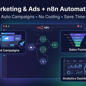 May include: A digital marketing graphic with the text "Marketing & Ads + n8n Automation." The image shows a sales funnel, ad campaigns, and an analytics dashboard. The text "Auto Campaigns, No Coding, Save Time" is also displayed.