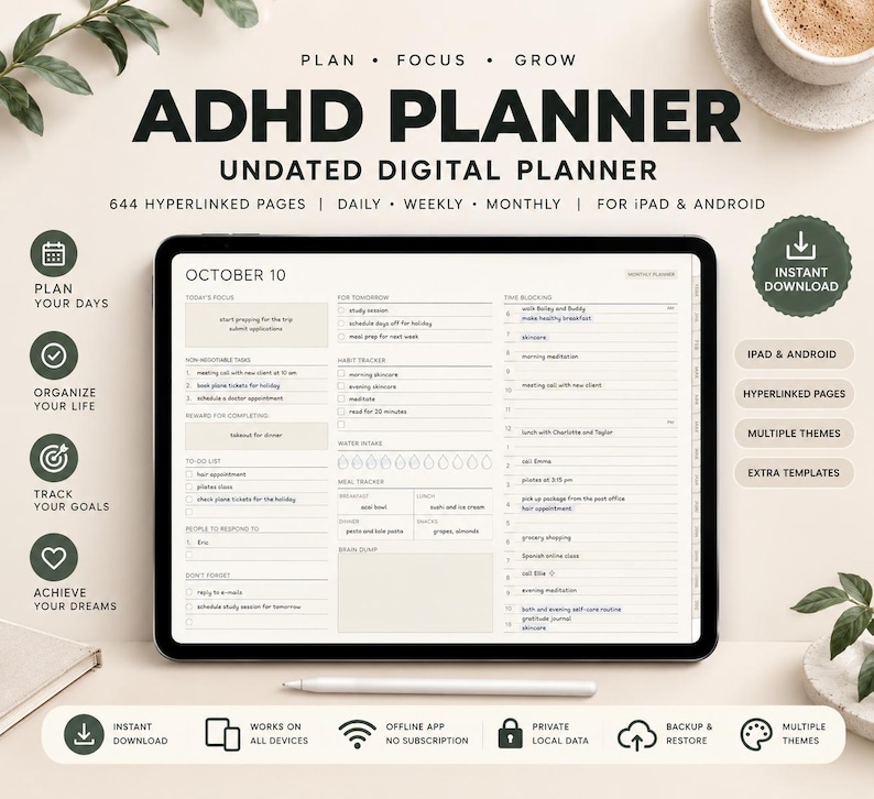ADHD Digital Planner, Undated Daily Weekly Monthly Organizer (ipad ...
