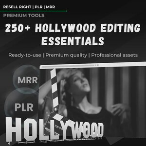 May include: A promotional image with the text "250+ HOLLYWOOD EDITING ESSENTIALS". The image includes a film clapperboard and the word "HOLLYWOOD" in large letters. The background is a blurred image of a woman.