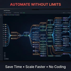 Puede incluir: Una tableta oscura muestra un diagrama de flujo de trabajo complejo con nodos y líneas interconectados en varios colores. El texto "AUTOMATE WITHOUT LIMITS" está en la parte superior y "Save Time • Scale Faster • No Coding" en la parte inferior.