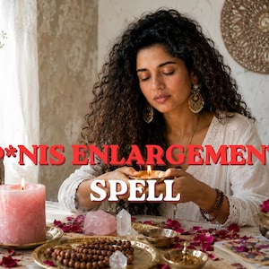 Könnte beinhalten: Eine Person mit langem, lockigem, dunklem Haar in einem weißen Langarmshirt hält eine kleine brennende Kerze. Der Text P*NIS ENLARGEMENT SPELL ist in Rot und Weiß eingeblendet. Die Szene umfasst eine rosa Stumpenkerze, Kristalle und Rosenblätter.