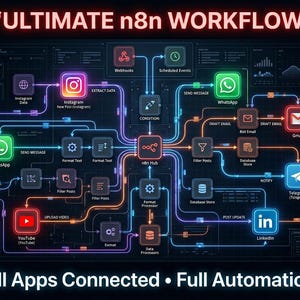 Pode incluir: Um gráfico digital que ilustra um diagrama de fluxo de trabalho com ícones de aplicativos interconectados, incluindo Instagram, WhatsApp, Gmail e YouTube. O texto diz "ULTIMATE n8n WORKFLOW" e "All Apps Connected • Full Automation."