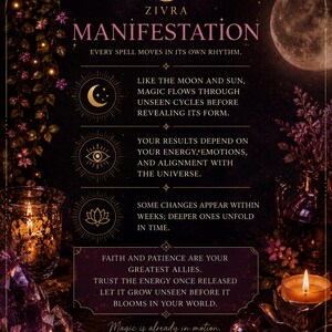 Op de afbeelding: Een donkere, sfeervolle poster getiteld ZIVRA MANIFESTATION met gouden tekst, maan- en zoniconen en bloemmotieven. De tekst luidt: EVERY SPELL MOVES IN ITS OWN RHYTHM. LIKE THE MOON AND SUN, MAGIC FLOWS THROUGH UNSEEN CYCLES BEFORE REVEALING ITS FORM.