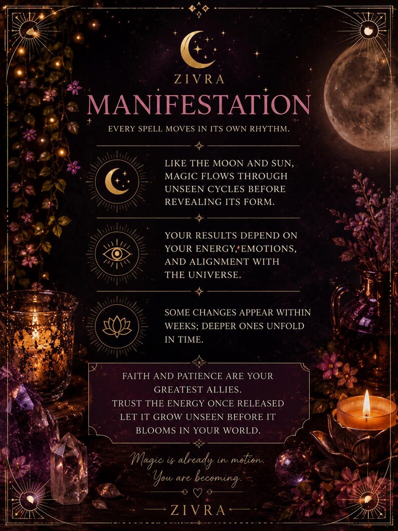 Op de afbeelding: Een donkere, sfeervolle poster getiteld ZIVRA MANIFESTATION met gouden tekst, maan- en zoniconen en bloemmotieven. De tekst luidt: EVERY SPELL MOVES IN ITS OWN RHYTHM. LIKE THE MOON AND SUN, MAGIC FLOWS THROUGH UNSEEN CYCLES BEFORE REVEALING ITS FORM.