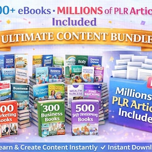 May include: An image promoting an ultimate content bundle with 2000+ eBooks and millions of PLR articles. The image features stacks of books and a box labeled "PLR" with the text "Millions of PLR Articles Included."