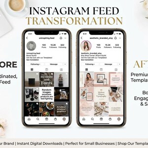 May include: An Instagram feed transformation graphic. The image shows two phones side-by-side, one labeled "Before" with a dull feed and the other labeled "After" with a premium Canva template. Text includes "Boost Engagement & Sales!"