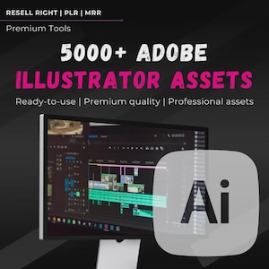 May include: A computer monitor displays a graphic design interface. The image features the text "5000+ ADOBE ILLUSTRATOR ASSETS" and "Ready-to-use | Premium quality | Professional assets". A white and gray "Ai" logo is in the foreground.