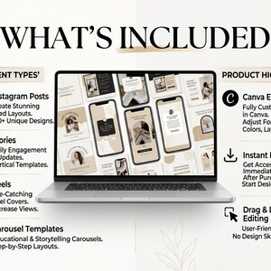 May include: A digital download graphic with the text "WHAT'S INCLUDED" and product highlights. The image shows a laptop displaying Instagram post templates, stories, reels, and carousel templates. Features include Canva editing and instant download.
