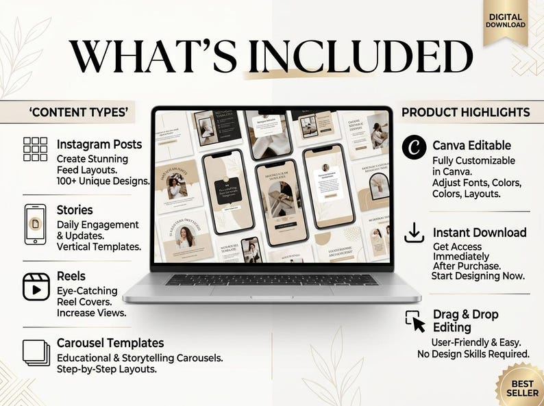 May include: A digital download graphic with the text "WHAT'S INCLUDED" and product highlights. The image shows a laptop displaying Instagram post templates, stories, reels, and carousel templates. Features include Canva editing and instant download.