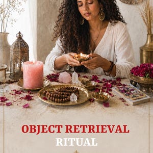 May include: A ritual service titled OBJECT RETRIEVAL RITUAL with the text Recover • Return • Clarity. The image features a person in a white top holding a small lit bowl, surrounded by a pink candle, wooden prayer beads, crystals, and rose petals.