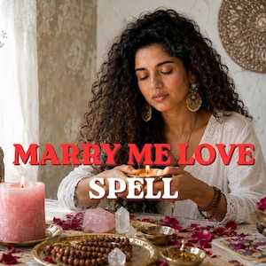 May include: A ritual setup featuring a pink pillar candle, a metal lantern, rose petals, clear quartz crystals, and wooden prayer beads. The text MARRY ME LOVE SPELL is displayed in red and white lettering across the centre of the composition.