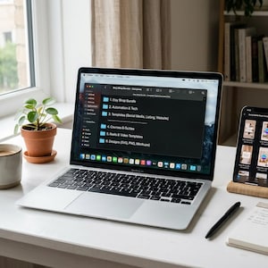 May include: A laptop and smartphone sit on a white desk, displaying digital content. A coffee mug, potted plant, pen, and notepad are also on the desk. The laptop screen shows a file directory labeled "Etsy Shop Bundle."
