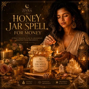Op de afbeelding: Een glazen honingpot met het label Honey Jar Spell For Money van Zivra, voorzien van een jute deksel, een metalen sleutel en een bijenbedel. De pot staat op een dienblad met een houten honingdipper, omringd door gouden munten en kristallen.