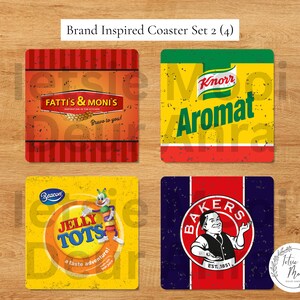 May include: Set of four square coasters with brand-inspired designs. Includes coasters with the Fatti's & Moni's, Knorr Aromat, Jelly Tots, and Bakers logos. Each coaster is approximately 4 inches square.