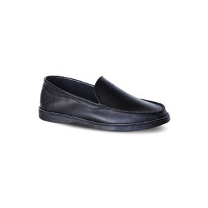 May include: A black leather slip-on loafer featuring a moccasin-style stitched toe seam, a smooth vamp, and a low-profile rubber sole. The shoe includes a small embossed logo on the side heel and a subtle logo detail on the upper tongue area.