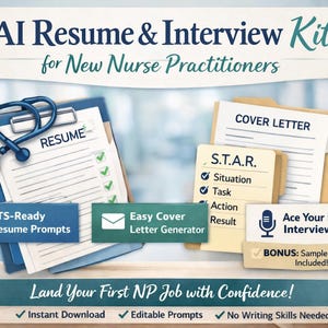 May include: An AI Resume & Interview Kit for New Nurse Practitioners. The image shows a resume, cover letter, and interview guide. Includes ATS-ready resume prompts, a cover letter generator, and interview tips. The kit promises to help you land your first NP job with confidence.