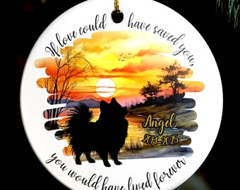 Gepersonaliseerde Pommeren Memorial Ornament cadeau, Rainbow Bridge Pet Loss cadeau, Sunset Angel Wings Design Custom Rainbow Bridge Ornament