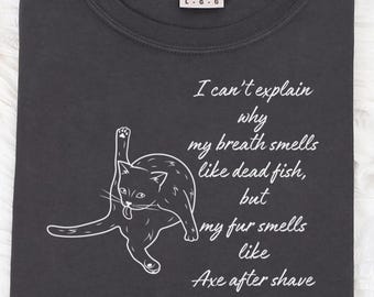 Funny Cat Licking Fish Breath T-shirt | Cat Bathing Illustration